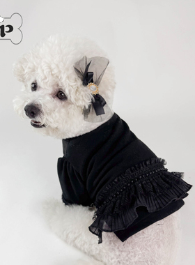 『Memory Pet』韩国代购moreluv宠物蕾丝荷叶边仿珍珠装饰黑色T恤