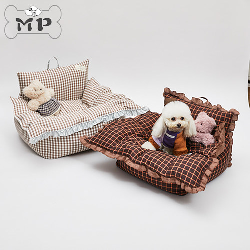 韩代LD宠物出行格纹荷叶边车载窝