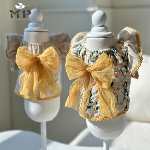 Memory 春秋宠物荷叶袖 Pet 代购 雏菊花网纱蝴蝶结上衣 韩国正品