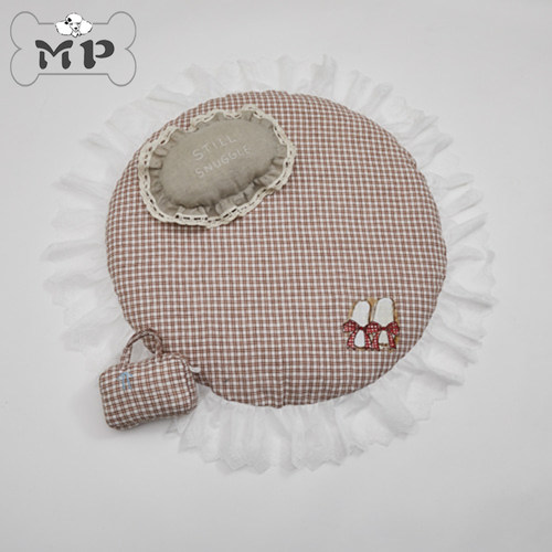 韩代LD宠物格纹蕾丝荷叶边圆垫子