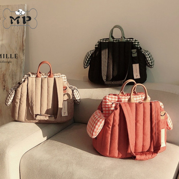 韩国宠物透气格纹内垫南瓜手提包