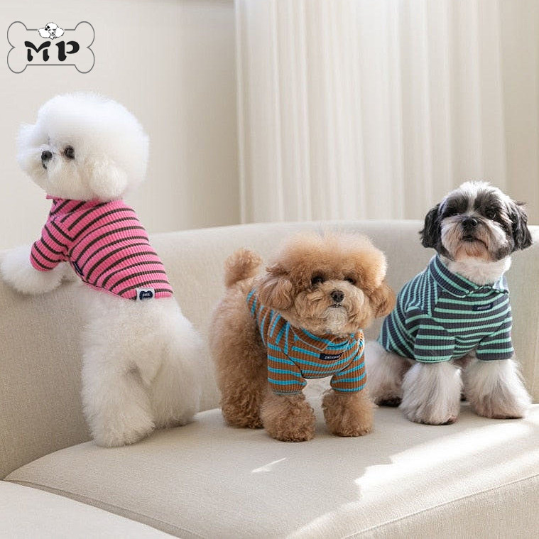 韩代宠物弹力翻领彩色条纹针织衫