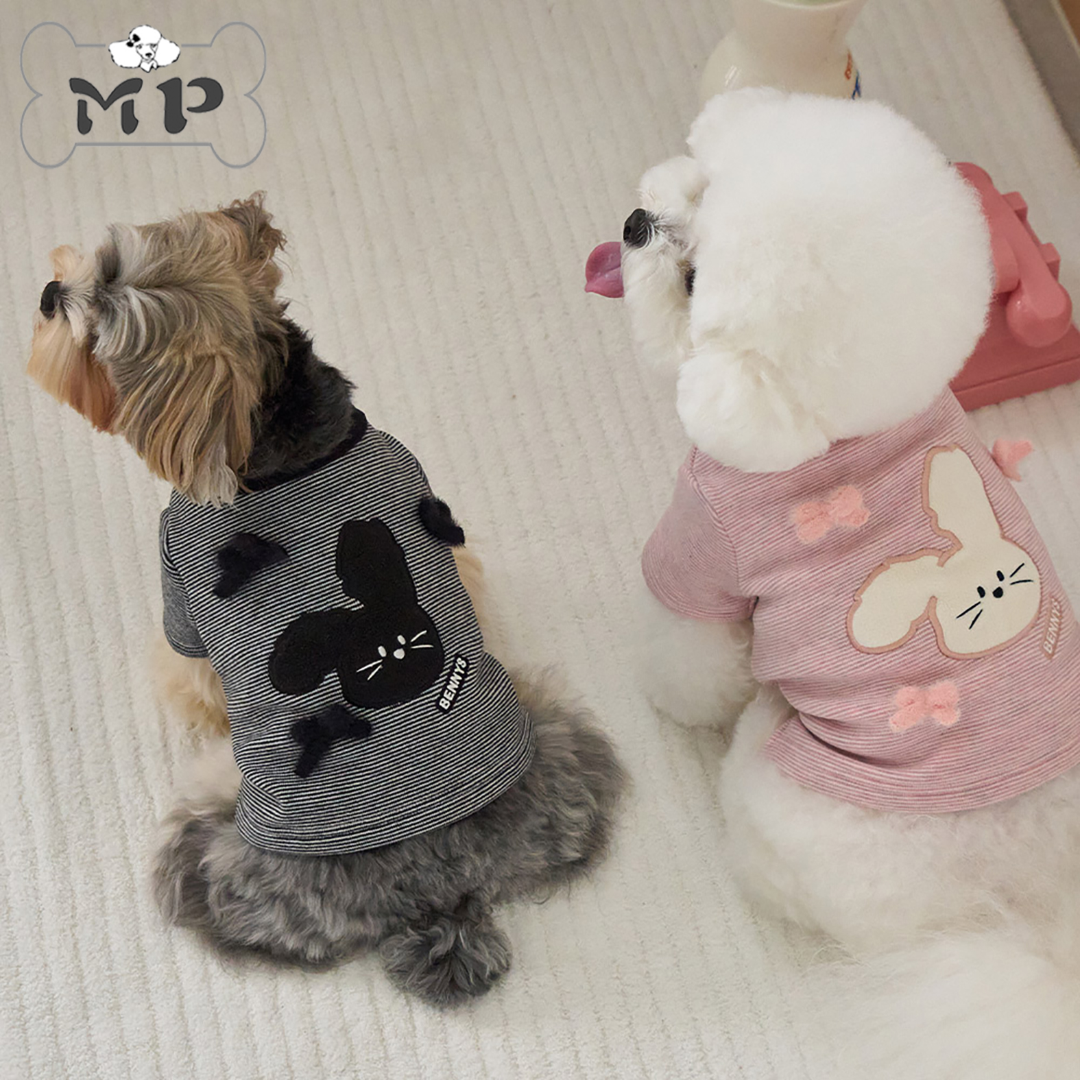 韩代宠物毛绒蝴蝶结小兔条纹上衣