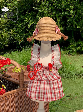 『Memory Pet』韩国代购seenii宠物红色格子荷叶边连衣裙编织帽子