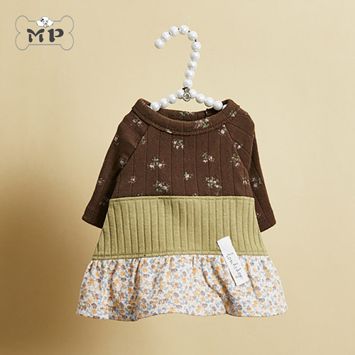 韩代LD宠物竖纹碎花拼接连衣裙