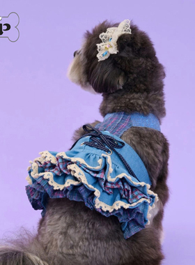 『Memory Pet』韩国代购comocomo宠物蓝色牛仔蛋糕裙背带裙/发夹