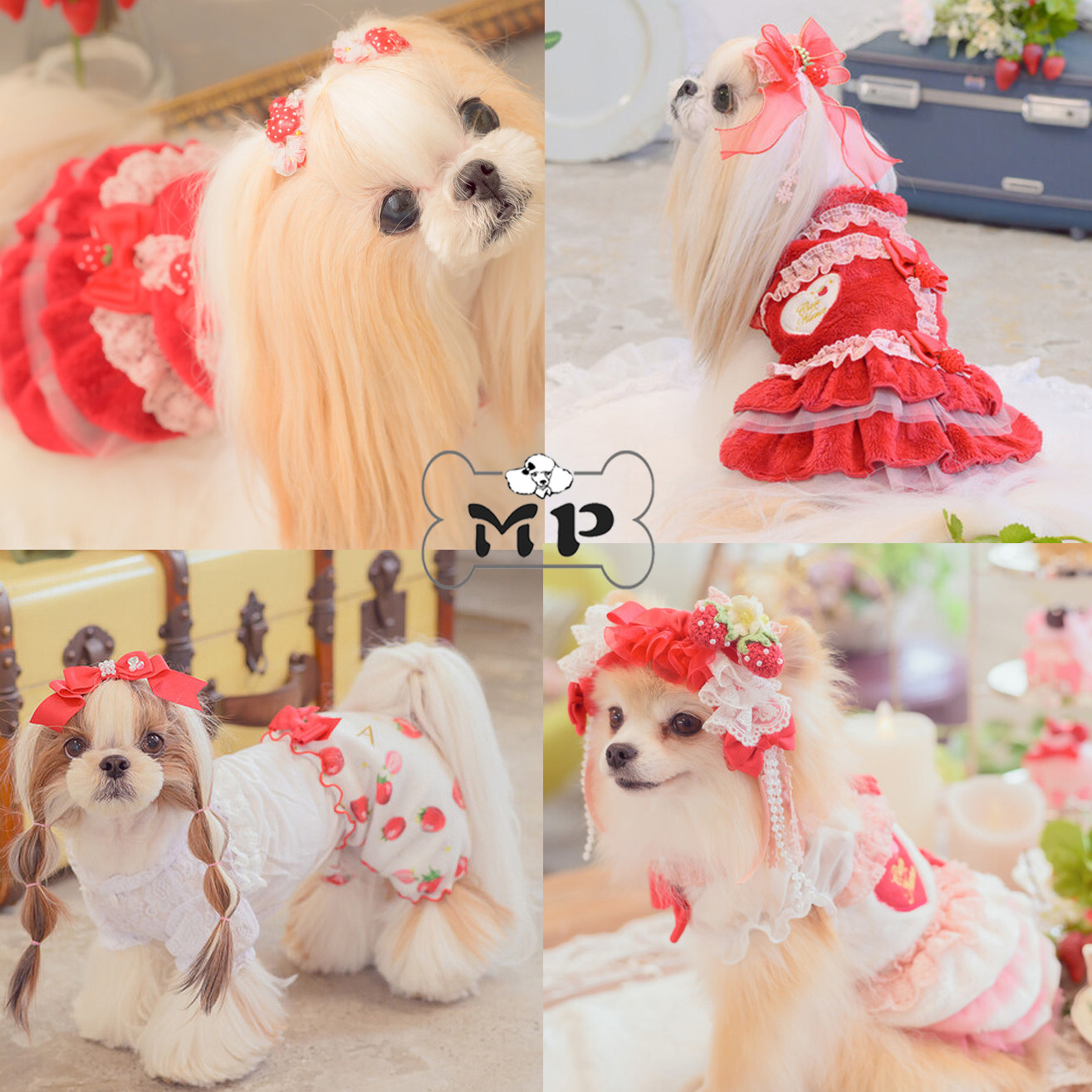 韩代宠物草莓发夹裤子蛋糕连衣裙