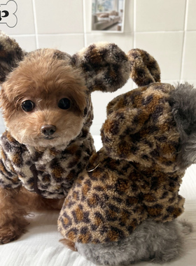 『Memory Pet』韩国代购宠物猫狗冬季豹纹耳朵连帽可牵引夹克外套