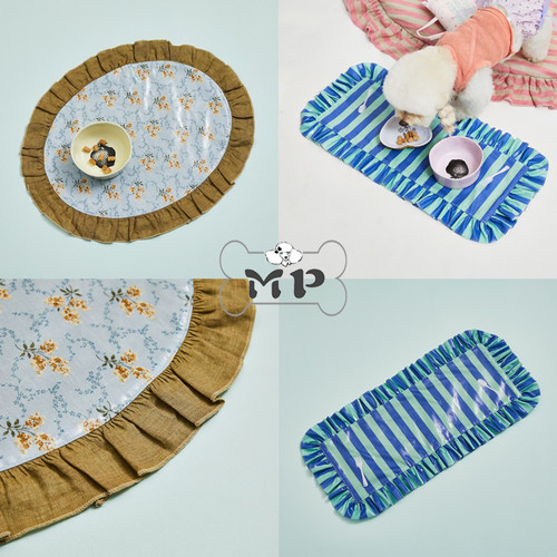 韩代宠物正品碎花条纹荷叶边餐垫