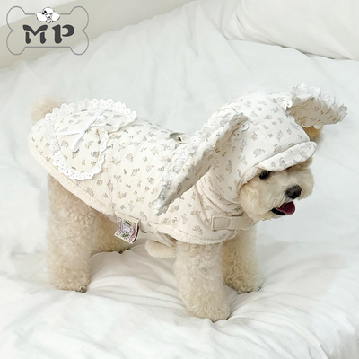 韩代宠物冬连帽碎花兔耳朵外套