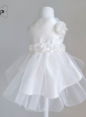 『Memory Pet』韩国moreluv宠物立体花朵网纱缎面白色婚纱连衣裙