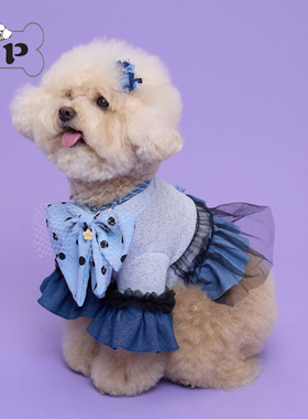 『Memory Pet』韩国comocomo宠物针织拼网纱蓝色牛仔连衣裙发夹