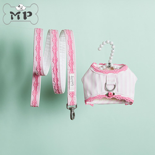 韩代宠物粉色条纹蕾丝胸背牵引绳