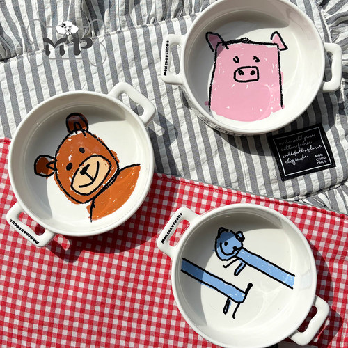 韩代宠物可爱卡通涂鸦陶瓷双耳碗