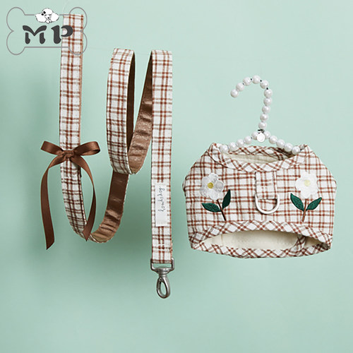 韩代宠物棕色格纹雏菊胸背牵引绳