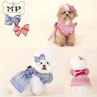 『Memory Pet』韩国4DOGS宠物格纹蝴蝶结荷叶边发夹夏季连衣裙