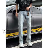 高街水洗微喇长裤 Entong冰蓝色cleanfit显高显瘦牛仔裤 子男生美式