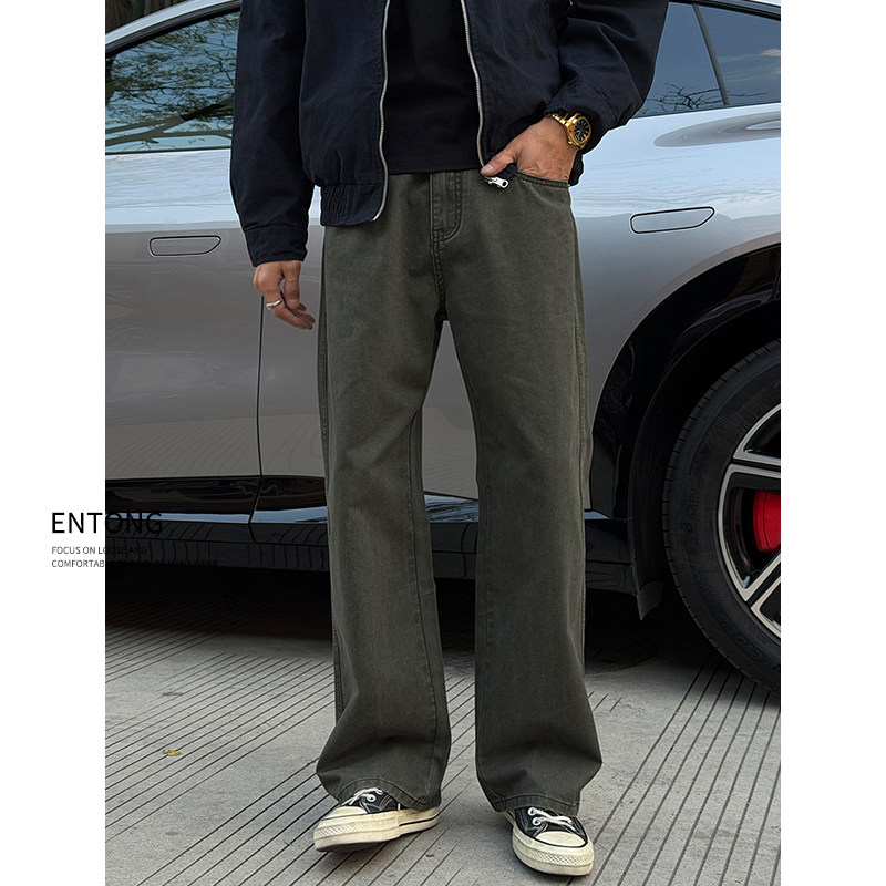 Entong军绿色cleanfit美式直筒牛仔裤子男款休闲百搭宽松vibe长裤