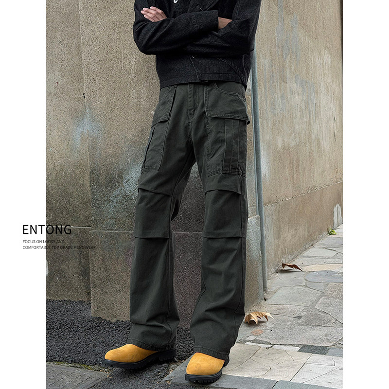 Entong军绿色多口袋伞兵工装牛仔裤子男2026春季新款直筒宽松长裤
