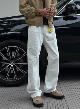 Entong白色cleanfit百搭工装裤男生裤子潮牌美式拼接直筒宽松长裤