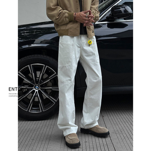 拼接直筒宽松长裤 Entong白色cleanfit百搭工装 子潮牌美式 男生裤 裤