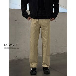 Entong美式复古基础斜切休闲裤子男款春装户外宽松直筒薄款长裤子