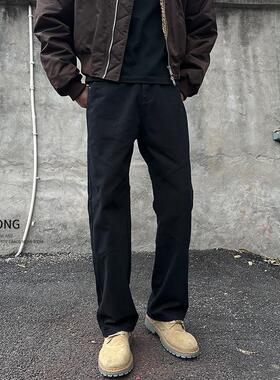 Entong美式高街vibe黑色立裁牛仔裤男街头痞帅宽松直筒显瘦长裤子