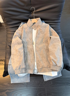 Entong浅灰色扎染PU皮衣外套棉服男款春季短款棉衣美式立领夹克潮