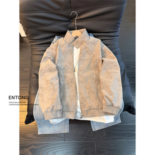 Entong浅灰色扎染PU皮衣外套棉服男款春季短款棉衣美式立领夹克潮