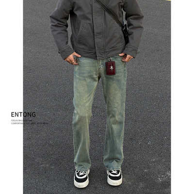 美式复古蓝做旧水洗牛仔裤