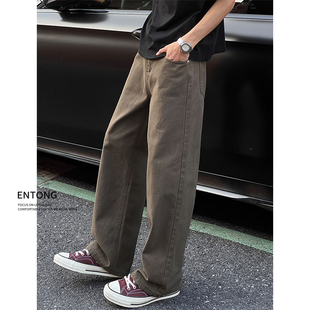 Entong美式潮牌复古咖色牛仔裤2025新款男潮流宽松大码直筒长裤子
