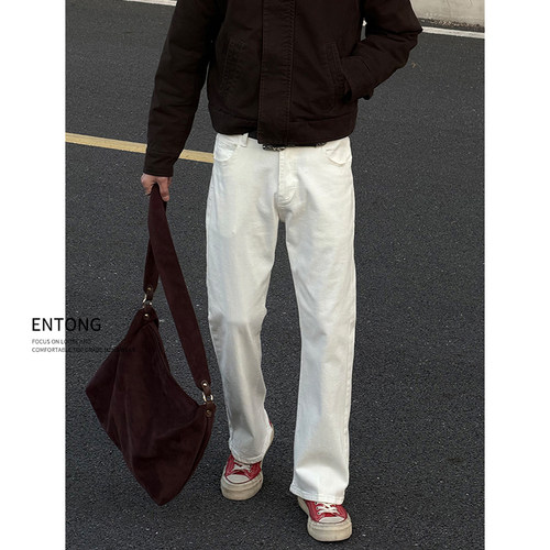 白色牛仔裤男款美式痞帅高级感