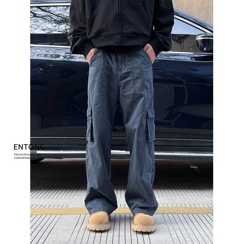Entong美式复古潮流藏蓝色工装牛仔裤男士高街百搭宽松直筒长裤子