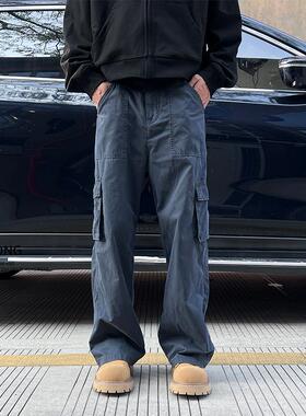 Entong美式复古潮流藏蓝色工装牛仔裤男士高街百搭宽松直筒长裤子