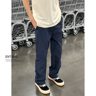 Entong藏青色斜切休闲裤子男款春夏新款速干薄款美式工装宽松长裤