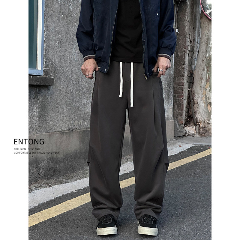 Entong深灰色褶皱休闲卫裤男款裤子秋冬季美式宽松直筒百搭休闲裤
