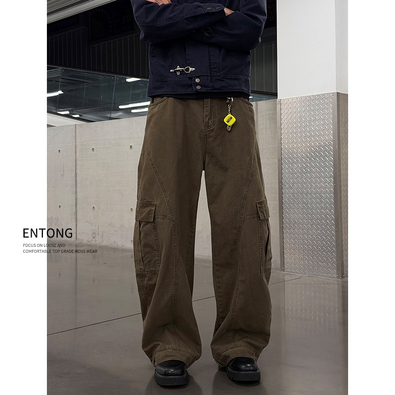 Entong美式弯刀咖色工装裤男款裤子百搭日系潮牌多口袋宽松休闲裤