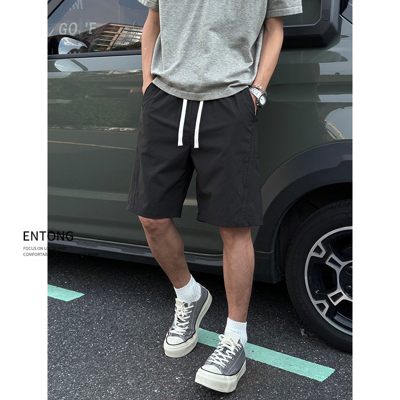 Entong轻薄速干运动休闲短裤男款夏季薄款潮牌大码宽松黑色五分裤