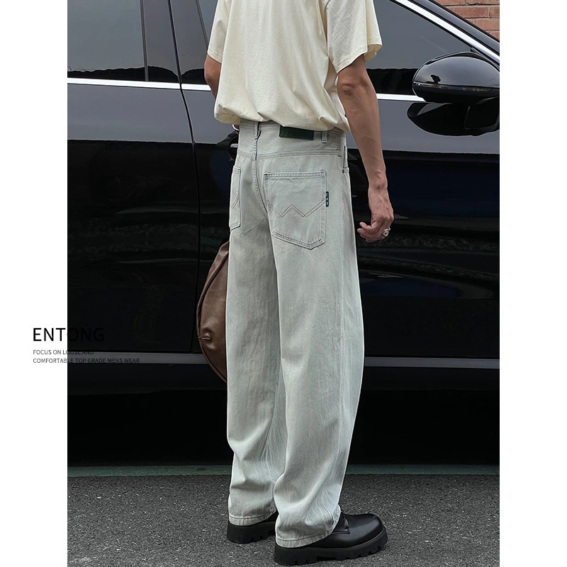 Entong简约复古水洗牛仔裤子美式高街男秋季潮牌宽松百搭直筒长裤