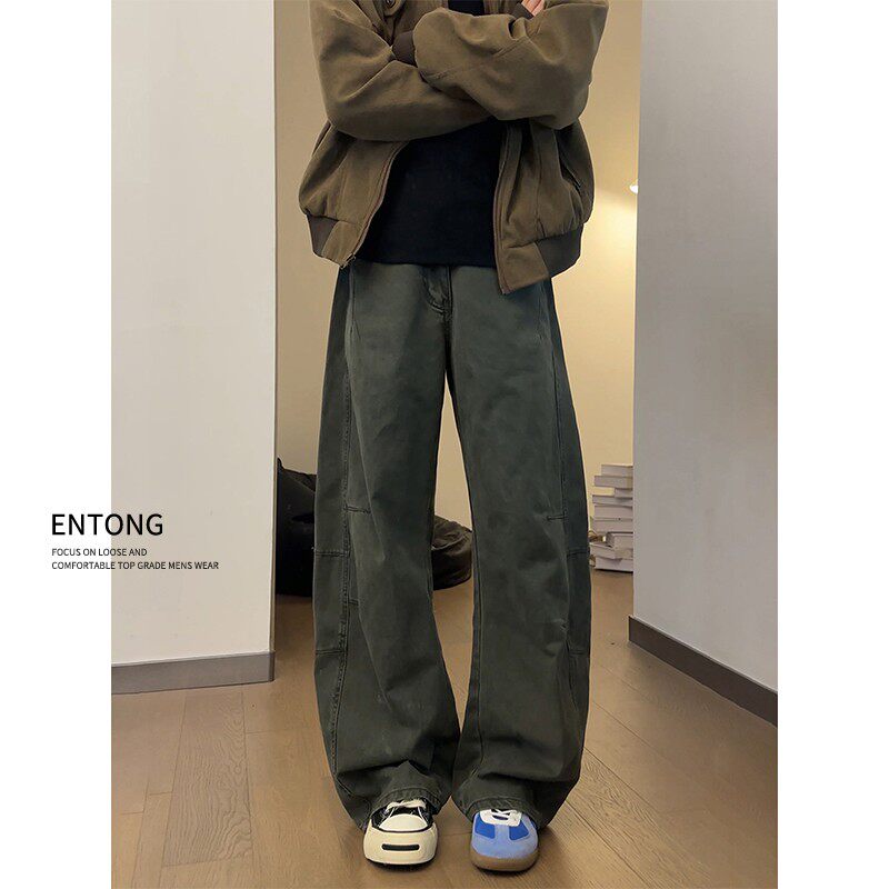 Entong美式复古军绿色弯刀工装裤子男款春季新款微喇直筒牛仔裤潮