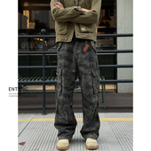 潮牌嘻哈hiphop宽松直筒长裤 Entong美式 男款 牛仔裤 子 复古迷彩工装