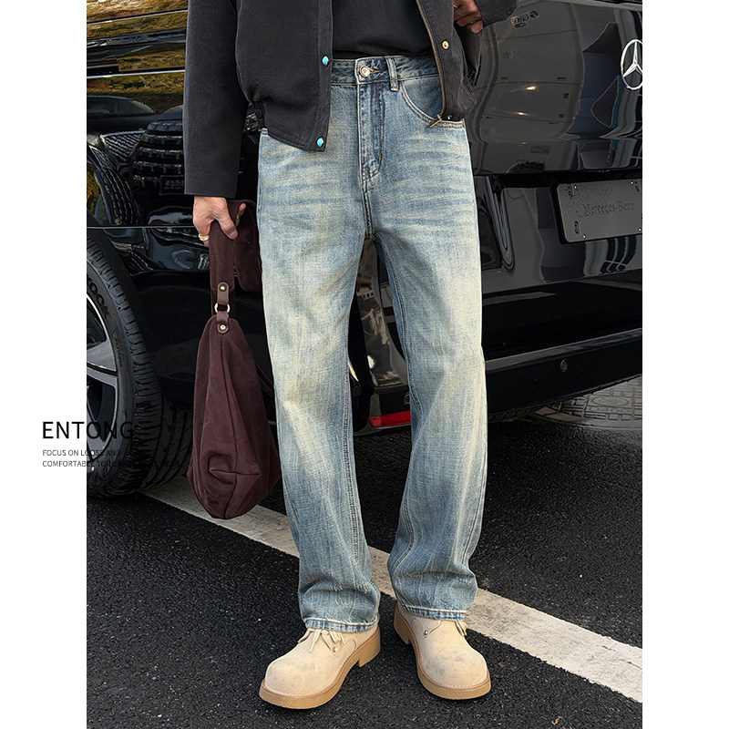 Entong美式高级感水洗蓝色牛仔裤男款春秋季新款痞帅直筒宽松裤子