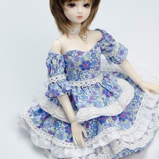 1/4BJD娃娃衣服SD人偶娃衣岛社官配4分女娃裙子 蓝色碎花连衣裙