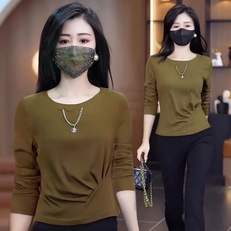 2024春秋收腰显瘦气质不规则长袖T恤上衣女百搭高腰微喇裤套装女