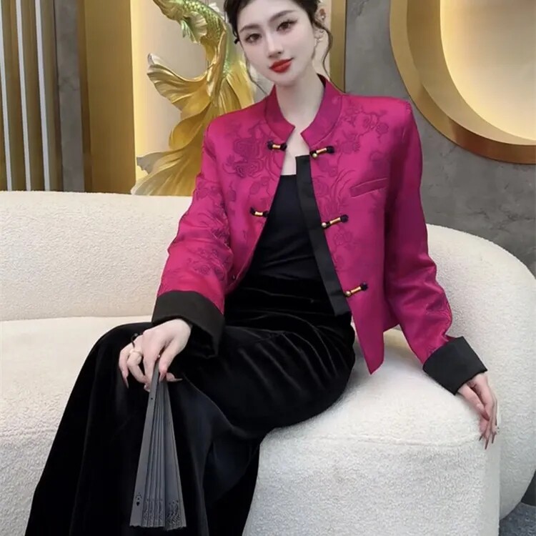 2025春季新款缎面提花修身显瘦盘扣上衣+吊带裙新中式上衣套装女