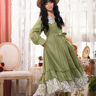 pinkwink原创格子印花设计春季 连衣裙 绿色日常可爱甜美花边长袖