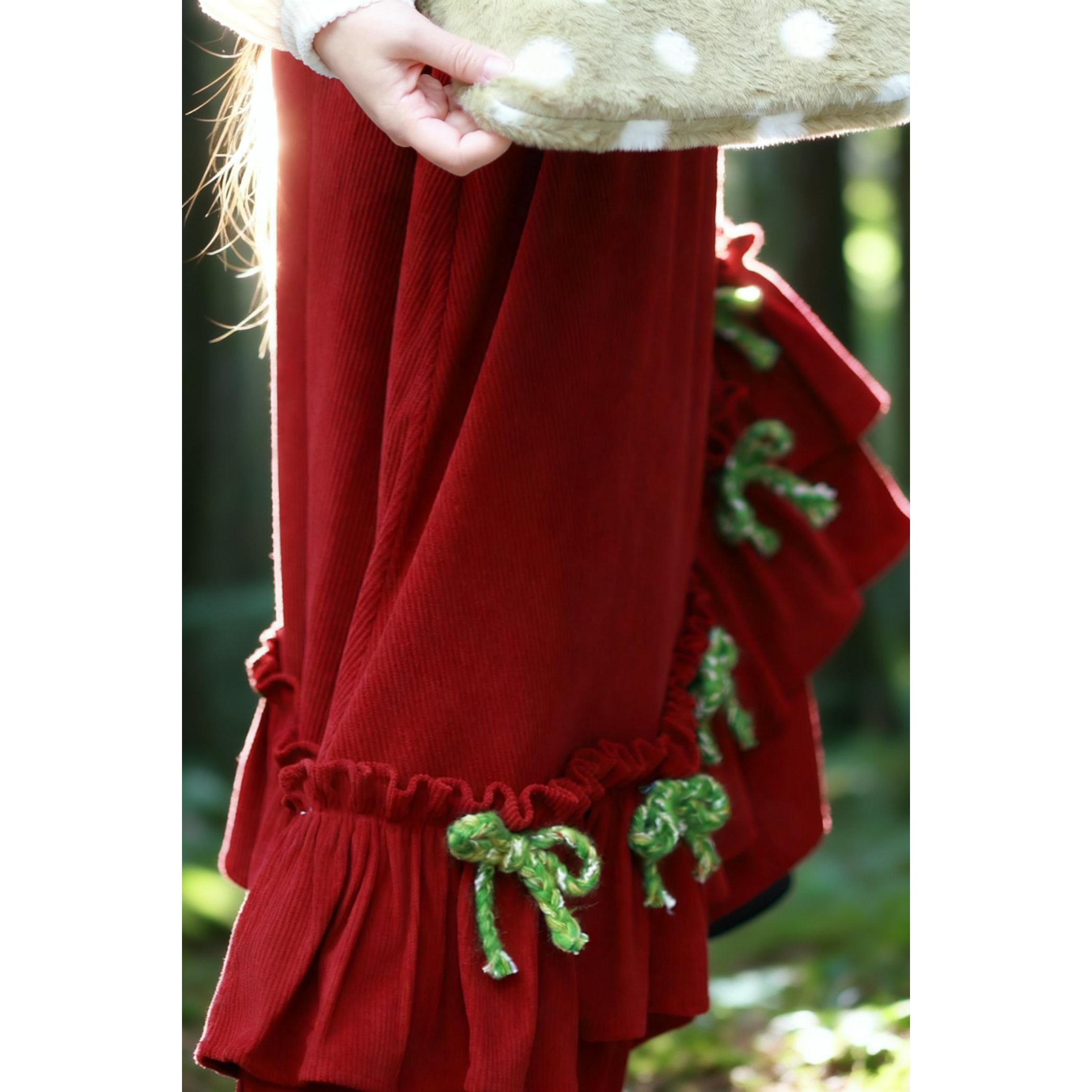 PINKWINK小星夜红色高腰松紧腰新年半身裙女复古荷叶边蝴蝶结