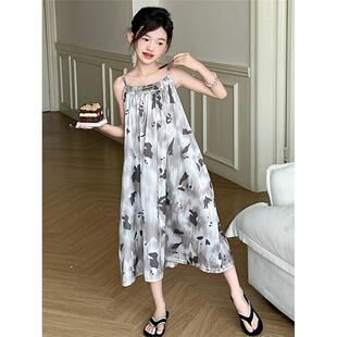 桑蚕丝儿童夏季 家庭连衣裙2025新女孩真丝绸睡衣 吊带睡衣女孩无袖