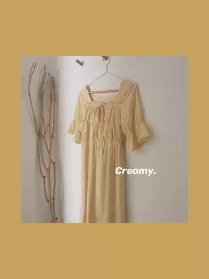 Sleeping rabbit retro dress female summer design sense small fresh square collar high waist thin strap Medium-length dress