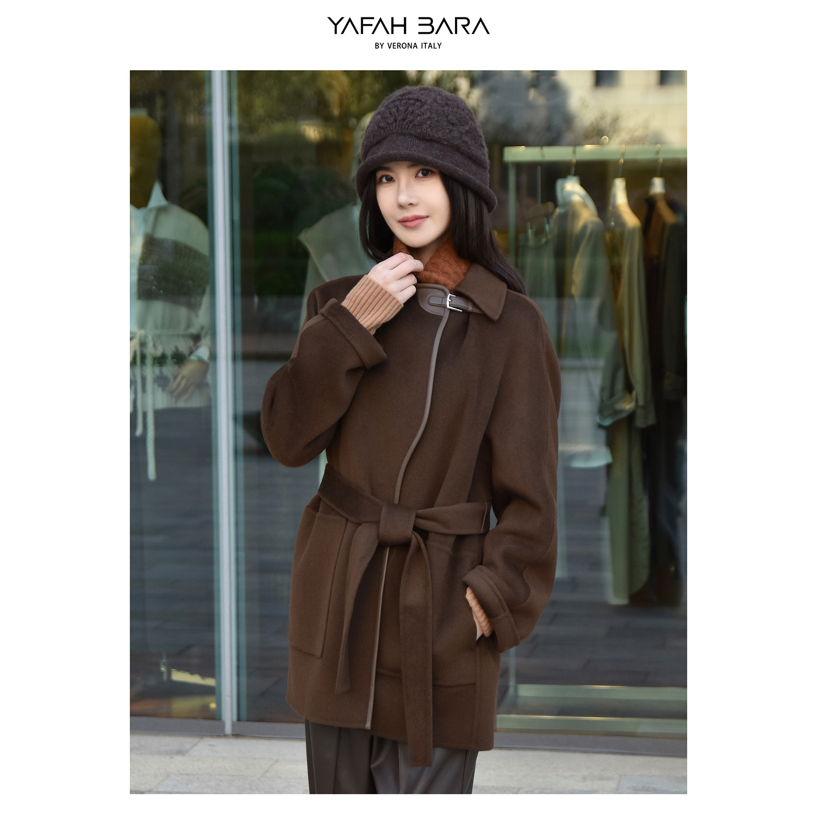 YAFAH BARA/亚菲贝拉 皮扣中款大衣 高级质感穿搭 时尚精致